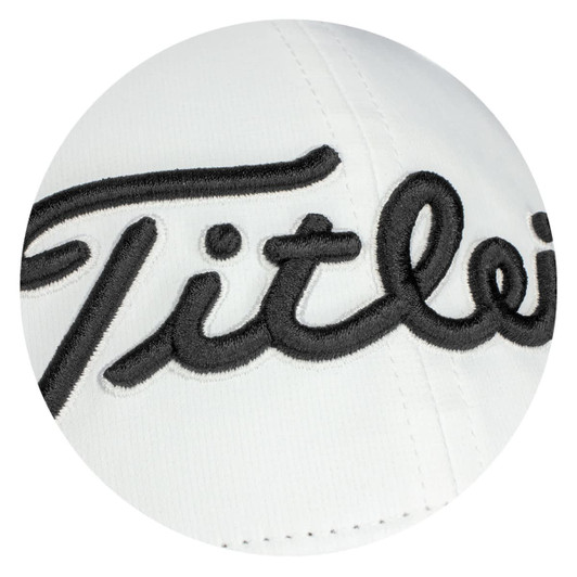 A white cap featuring embroidered text and a logo. Suitable for headwear and sports use.